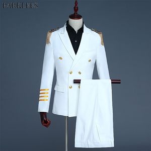 Biały Podwójny Pierścieni Tassel Epaulet 2 Piece Garnitur Mężczyźni Mens Party Prom Captain Pokaż Military Style Garnitury Kostium Homme 210522