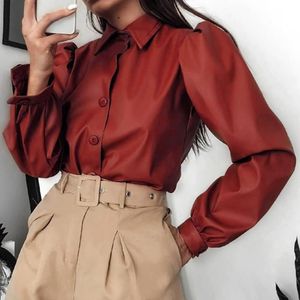 Blouses shirts voor dames viepen blouse blouse dames vintage reversknop faux lederen top lente elegante mode casual rood sexy shi