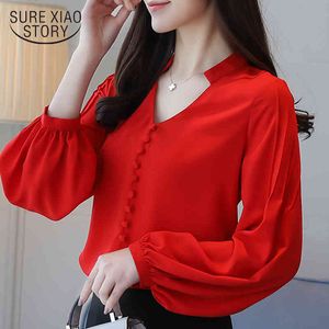 fashion women blouses long sleeve shirts red chiffon blouse shirt V-neck office work wear s tops and 0603 60 210506