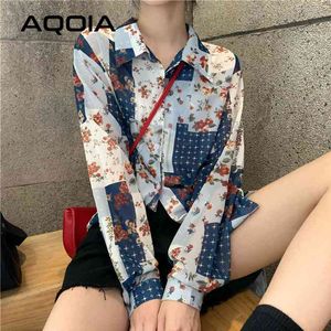 Primavera Vintage Impressão Floral Solta Mulheres Blusa Camisa Botão Up Patchwork Senhoras Oversize Manga Longa Fêmea Fêmea 210521