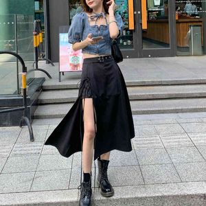 2-częściowy zestaw Kobiety Letni Gothic Black Spódnica Korea Nieregularne spódnice Y2K + Crop Top Moda Garnitury Sexy Streetwear Chic S 210429