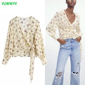 Summer Beige Floral Print Crop Top Women Retro Front Tie Chiffon Blouses Woman Long Sleeve High Street Casual Ladies 210430