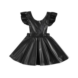 2021 Maluch Dzieci Baby Girl Casual Dress Summer Fashion Faux Leather Ruffle Sleeve Backless Party Dress Q0716