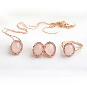 Ohrringe Halskette Ociki Rose Gold Farbe Rosa Opal CZ Kristall Und Ring Schmuck Set Für Frauen Mädchen Geschenk Drop Wholesale