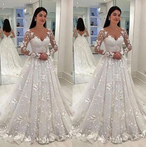 2021 Sexy Women Wedding Dress White Lace Long Dress Deep V-neck Long Mesh Lace Sleeve A-line Pleated Floor-length Dresses