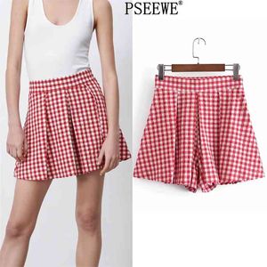 Letnie Szorty Czerwona Plaid Plisowana Wysoka Talia Bermuda Kobieta Moda Side Zip Luźne Dorywcze Kobiety Krótkie spodnie 210519