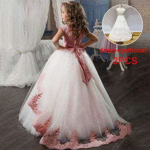 2021 Erstkommunion Brautjungfer Mädchen Spitze Prinzessin Kleid Kinder Kleider für Mädchen Kinder Kostüm Party Hochzeitskleid 10 12 Jahre Q0716