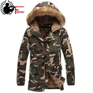 Mens longo inverno camuflagem jaqueta pele encapuçado para baixo 2020 outwear espesso estilo militar parkas masculino grande casacos exército verde camo 3xl a0607