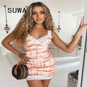 Tie tintura elegante estilo francês vestido verão chegada sexy clube bodycon spaghetti strap grátis 210525