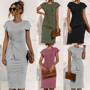 Mode sommar Casual Midi Klänningar för kvinnor Kortärmad Twisted Slim-Fit Base Dress A-Line Solid Women Vestidos 210508