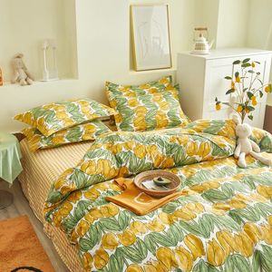 Americano estilo cama conjunto ab lado a casa super rei tulipa tulipa tampa liso folha fronha nova menina bedclothes flor 210319