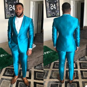 Męskie Garnitury Blazers 2 Sztuk Jasne Niebieskie Mężczyźni Moda Jeden Przycisk Prawdziwe Obraz Ślub Dostosowany przystojny Party Płaszcz + Spodnie