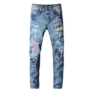 Mäns Jeans Högkvalitativa Ripped Hole Blå Män 2021 Hip Hop Desginer Färg Patchwork Byxor Streetwear Byxor