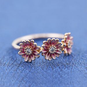 Flor de margarita rosa con circonio cúbico Anillo de banda de piedra Ajuste Pandora Jewelry Compromiso Amantes de la boda Anillo de moda para las mujeres