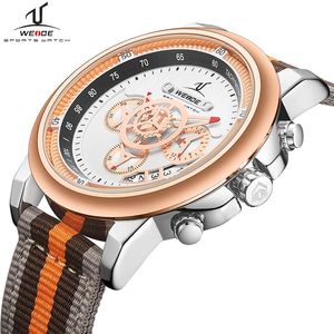 Armbandsur Weide Luxury Quartz Watch Mens Waterproof Chronograph Sport Wristwatch Nylon Strap Date Fashion Man Golden Clock Reloj Hombre