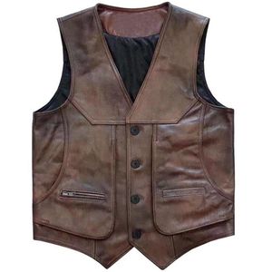 Ankomst Cowhide Äkta Läder Vest Motorcykel Mens Slim Fit Real Brown Cow Waistcoat Bikers Storlek L-8XL Jacka 210925