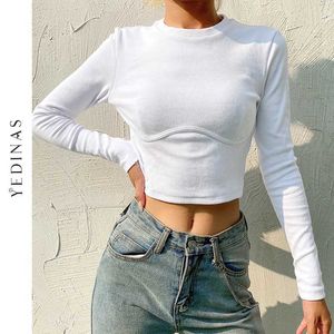 Yedinas Spring White Långärmad T-shirt Kvinnor Toppar Bodycon Solid Basic Ribbed T-shirt Casual Sexig Crop Top Tee Femme 210527