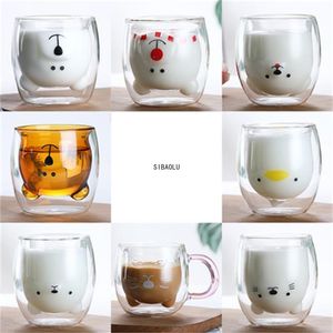 Wine Glasses Glass Mugs Double Wall Mug, Bear Cat Dog Animal Double-layer Mug Coffee Cup, Christmas Gift ,Cute Milk Cup