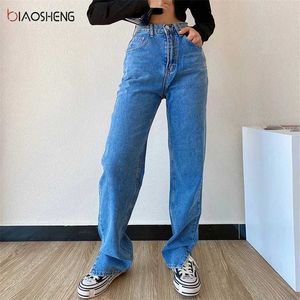 Calças femininas jeans de perna reta mulheres cintura alta magro solto outono calças de inverno casual lavado mamãe calças moda 211101