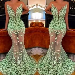 2022 Green Evening Dresses 3D Floral Applique Mermaid Sweep Train Sheer Neck Illusion Bodice Jewel Beaded Custom Made Prom Party Gown BES121