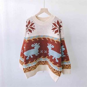 Women Sweater and Pullovers Loose Style Deer Knitwear Oversized Thick Jumpers Retro Vintage Korean 210430