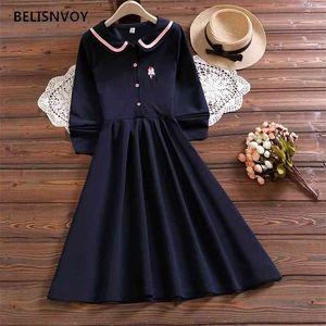 Mori Girl Wiosna Jesień Kobiety Dress Sailor Collar Navy Blue Pink Femininos Vestidos Flare Rękaw Haft Elegancki Słodki 210520