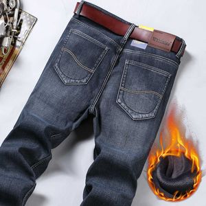 Clássico Homens Fit Fit Fleece Calças de Jeans Negócios Moda Solta Calças Estrias Casuais Marca Masculina Mais Veludo Acolchoado Calças Quentes 211009