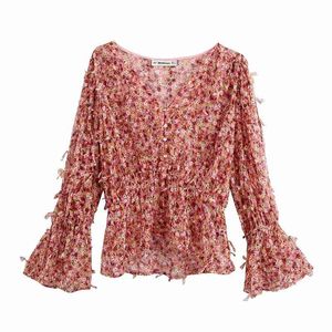 Women Elegant Printed Textured Weave Ruffled Blouse Vintage V Neck Long Sleeve Shirts Casual Female Chic Tops 210520