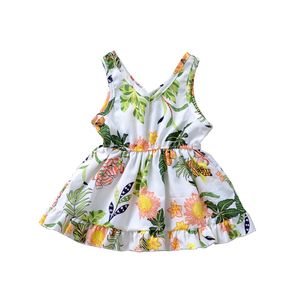 Baby flicka klänning v krage ärmlös kort klänning blommor tryckt ins ny sommar bomullsbutik söta västklänningar avslappnad 525 k2