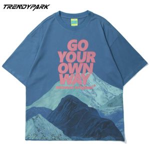 T-shirt herr plast tryckta berg sommar kortärmad hip hop överdimensionerad bomull avslappnad hajuku streetwear top tee tshirts 210601