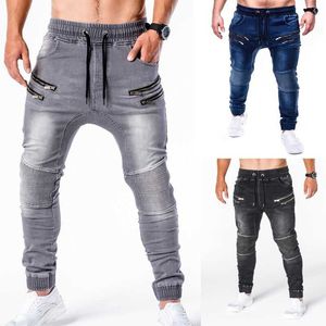 2020 Nya Jeansbyxor Mäns Jeans Casual Running Zipper Stilish Slim Jeans Byxor Hombr Joggers Masculino Jean X0621
