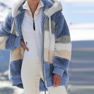 2022 Winter Women Casaco de pelúcia moda com capuz zíper jaquetas casuais de costura de costura casual xadrez faux peles aquecidas senhoras parka jaqueta