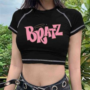 Female T-shirt Vintage Street goth Harajuku black Women Short Sleeve Tee Tops BRATZ Print roupas femininas 210607