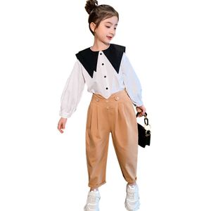 Vestiti per bambini adolescenti Ragazze Patchwork Primavera Autunno Outfit Camicetta + Pantaloni Bambini 6 8 10 12 14 210528
