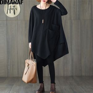 DIMANAF Plus Größe Frühling Frauen Bluse Shirts Dame Tops Tunika Grundlegende Beiläufige Lose Feste Schwarze Fledermaus Ärmel Übergroße Weibliche Kleidung 210317