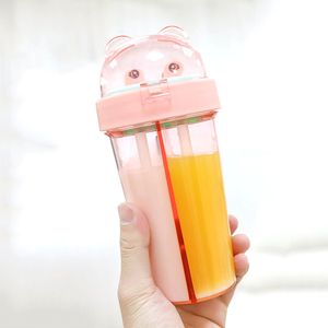 Creative Cute One Cup Double Drink Plastic Bottles Portable Separation Children Student Water Cups Girl Heart Fresh Straw WH0347