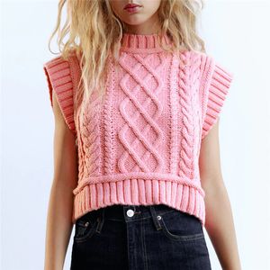 BLSQR сладкий модный кабель вязаный урожай жилет свитер Женщины старинные уплотнительные вырезы без рукавов женский жилет розовый шик вершины 210430
