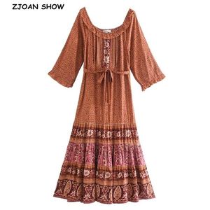 Böhmen Wood Ears O Neck Blomstryck Bomull Maxi Long Swing Dress Hippie Kvinna 3/4 Ärm Holiday Dresses Boho Vestidos 210429