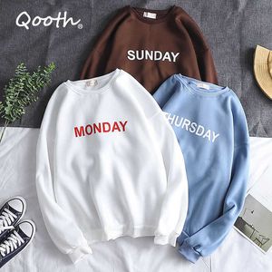 Qooth Weekly Printed Women O-Neck Tops Fleece Casual Sweatshirt M-5XL Size Pullovers Autumn Coat Monday to Sunday QT226 210609