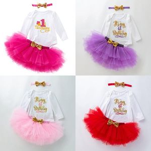 Baby Clothing Sets Girls Sequins Bow Headband Letter Långärmad Romper Tutu Lace Kjolar 3st / set Boutique Nyfödda födelsedagsfest