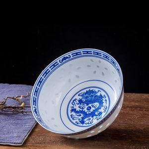 Schüsseln, blaue und weiße Porzellanschale, Jingdezhen-Frucht, chinesischer Drache, feines Reismuster, Müsli