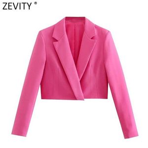 Zevity Women Sweet Solid Slå ner Krage Kort Fitting Blazer Coat Office Lady Business Passar Kvinna Chic Crop Tops CT740 210927