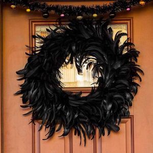 DIY венок черный перо гирлянды праздник орнамент венок дверной кулон Хэллоуин подвесной дверь 2021 новое украшение дома Q0812