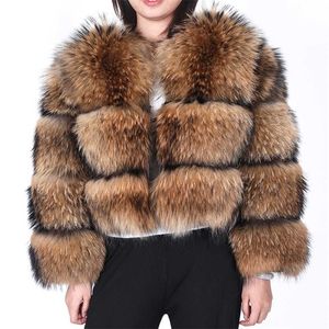 Maomaokong Zima Kobiety Prawdziwe Fur Coat Natural Fur Raccoon Kurtka z rękawami Płaszczami i kurtką 211018