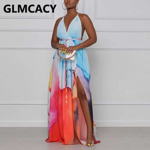 Backless V Neck High Slit Maxi Vestido Elegante Evening Party Vestidos 210702