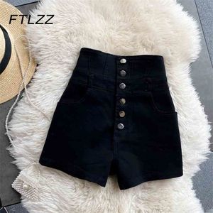 Woman Summer Vintage Black Jeans Shorts Women Button Fly Single-breasted High Waisted Female Skinny Pants 210525