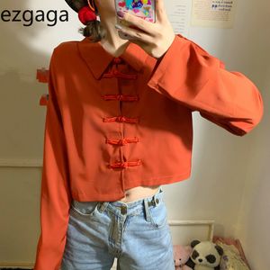 Ezgaga kraag blouse shirts vrouwen Chinese stijl gesp chic effen losse vintage lange mouw onregelmatige crop tops mode blusas