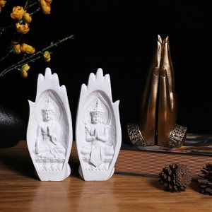 Buddha Statue Feng Shui Home Renovation 20*8 cm White Hand Resin Zen Room Decoration Statues for House 210728