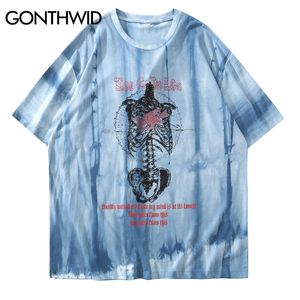 Gonthwid Czaszka Drukuj Tie Dye Punk Rock Gothic Tshrits Streetwear Hip Hop Casual Krótki Rękaw Koszulki Lato Moda Topy 210706