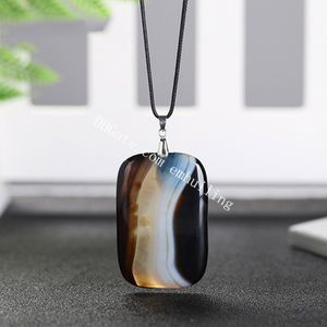 Hand Carved Polished Square Natural Black Onyx Pendants Necklaces Tumbled Large Striped Agate Healing Gemstone Dog Tag Charm Necklace Empath Protection Jewelry